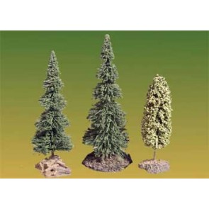 Alberi su basi decorate (3: due conifere e un deciduo) 